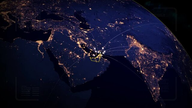 Flying to UAE from many places. Global event in Dubai. All flying to Dubai.Airplane trip on the map,globe.HUD with digital data code.Futuristic SciFi UI background.Global connection.Type 2