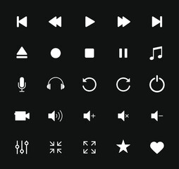 Audio and video icon symbol set. Volume control button collection. Interface and application sign elements. Stop and play buttons. Vector illustration image.