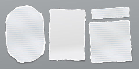 Set of torn white note, notebook paper pieces stuck on dark grey background. Vector illustration - 436020073