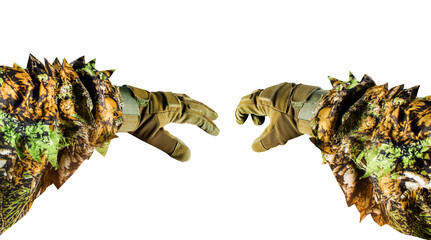 Isolated first person view photo of soldier or hunter arms in gloves and ghillie masking forest suit on white background.