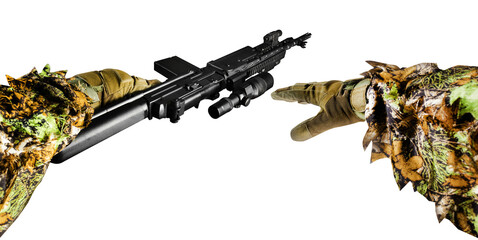 Isolated photo of first person view arms holding  and crawling with sniper rifle in ghillie suit on...