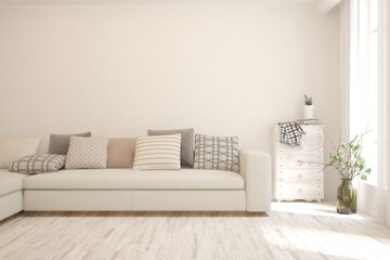 Fototapeta premium Soft color living room with sofa. Scandinavian interior design. 3D illustration
