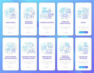 Cyberhumiliation onboarding mobile app page screen with concepts set. Professional counselling walkthrough 5 steps graphic instructions. UI, UX, GUI vector template with linear color illustrations