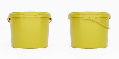 Yellow 3,5l plastic paint can / bucket / container with handle and no label, isolated on white background.	
