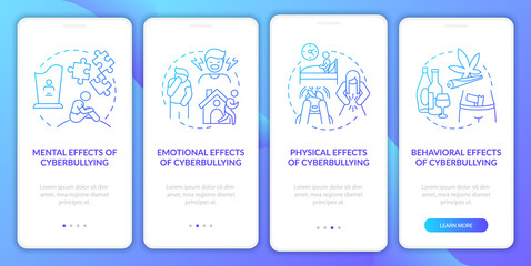 Cyberviolence effects onboarding mobile app page screen with concepts. Behavioral changes walkthrough 4 steps graphic instructions. UI, UX, GUI vector template with linear color illustrations