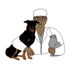 Veterinary doctor in medical uniform with pets - dog and cat. Good advertising of animals shelter or veterinary clinic.