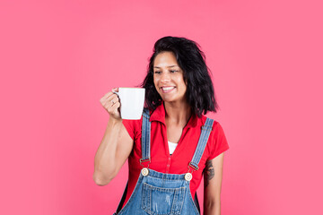 female drinking tea from cup. cheerful woman drink coffee. girl with brunette hair in morning. breakfast time. happy beautiful lady refresh with hot beverage