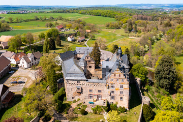 Aerial view, Medieval castle Eisenbach, Lauterbach, Vogelsberg, Hesse, Germany, - obrazy, fototapety, plakaty