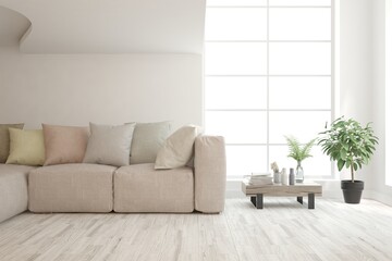 White living room with sofa. Scandinavian interior design. 3D illustration