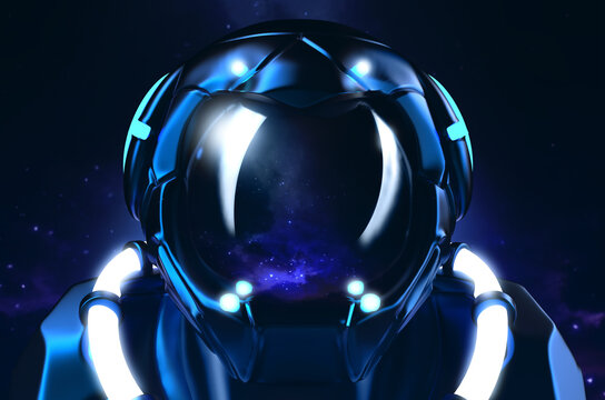 Isolated 3d render illustration of astronaut in space suit and helmet standing on dark space background.