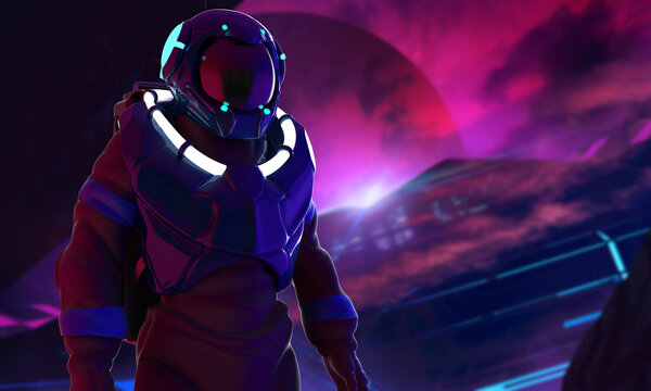 3d render illustration of astronaut in space suit on alien futuristic purple and blue colored station.
