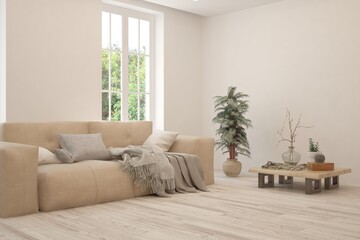 White living room with sofa. Scandinavian interior design. 3D illustration