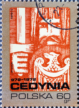 POLAND-CIRCA 1972 : A post stamp printed in Poland showing a representation: man, sword, eagle: The 1000th Anniversary of the Battle of Cedynia