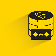 stack of bitcoins and password icon with shadow on yellow background