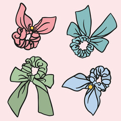 Collection of doodled vector scrunchies. Bundle of hair tie accessory illustrations with and on background.