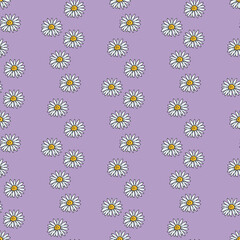 Seamless pattern with chamomile on light violet background. Vector image.