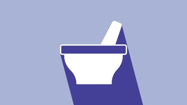 White Mortar and pestle icon isolated on purple background. 4K Video motion graphic animation