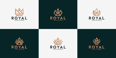 set of gold line style crown icon. queen kings royal luxury crown © reza