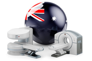 MRI and CT Diagnostic, Research Centres in Australia. MRI machine and CT scanner with Australian flag, 3D rendering