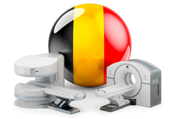 MRI and CT Diagnostic, Research Centres in Belgium. MRI machine and CT scanner with Belgian flag, 3D rendering