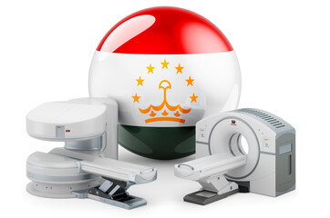 MRI and CT Diagnostic, Research Centres in Tajikistan. MRI machine and CT scanner with Tajik flag, 3D rendering