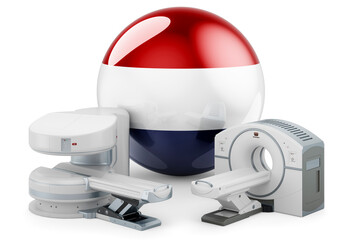 MRI and CT Diagnostic, Research Centres in the Netherlands. MRI machine and CT scanner with The Netherlands flag, 3D rendering