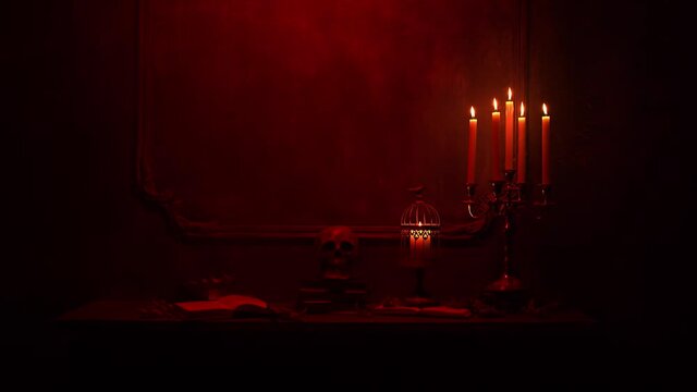 Mystical Halloween still-life background. Skull, candlestick with candles, old fireplace. Horror and witchery.