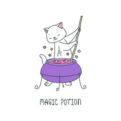 Magic Potion. Illustration of a cute white cat making magic potion in a big cauldron. Vector 10 EPS.
