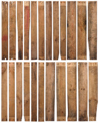 Old wooden planks isolated on white background. Set of 23 rustic rough weathered wood plank with rusty nails, sharp and highly detailed.