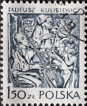 POLAND-CIRCA 1979 : A post stamp printed in Poland showing a Polish Contemporary Engravings: Violin player