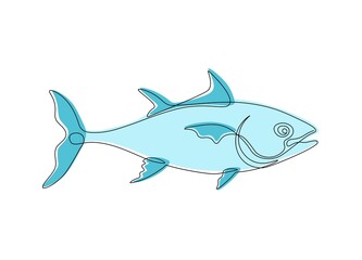 Fish one line drawing. Continuous line art of tuna, salmon, mackerel fish for logo, print, posters, banners. Minimal vector illustration