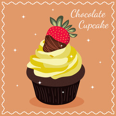 Chocolate cupcake with strawberry and banana cream, vector illustration