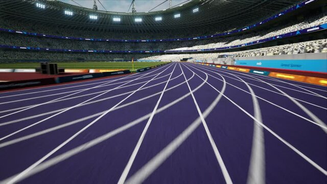 Sport outdoor athletics arena with start blocks on the runway. Stadium in the sunlight. High quality 4k footage