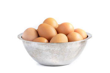 Fresh eggs in a stainless bowl, Isolated on white background