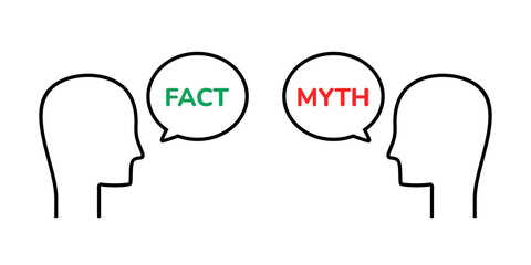 Facts myths sign. Human silhouettes speak of facts and myths.True or false facts bubble. Concept of thorough fact-checking or easy compare evidence. Illustration vector