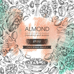 Circle filled with lettering almond and surrounded with almond nuts, flowers and cosmetics