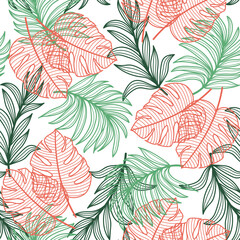 Fototapeta na wymiar Seamless fashion tropical pattern with bright colorful plants and leaves on a light background. Beautiful seamless vector floral pattern. Exotic jungle wallpaper.Exotic wallpaper.