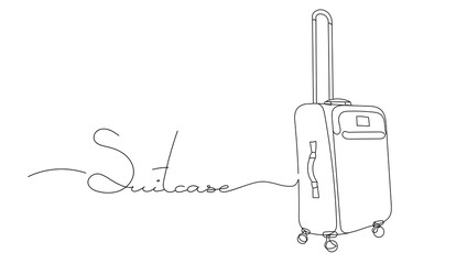 a suitcase drawn by hand in a single line isolated on a white background. Lettering the word suitcase. suitcase outline