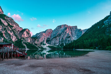 Panoramic view of the Braies Lake in the Dolomites in Italy.