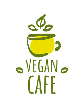 Vegan cafe minimalistic vector illustration logo, food design. Handwritten lettering for restaurant, cafe raw menu. Elements for labels, logos, badges, stickers or icons.