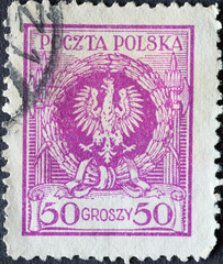 POLAND-CIRCA 1924 : A post stamp printed in Poland showing the Polish Eagle in Laurel Wreath
