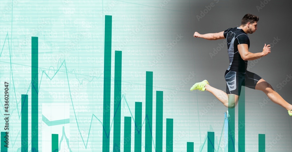 Wall mural Composition of male athlete hurdle jumping with statistics and data processing