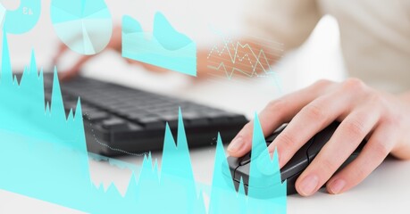 Composition of digital data processing over woman using mouse and keyboard