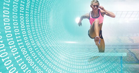 Composition of female athlete hurdle jumping with binary coding data processing - Powered by Adobe