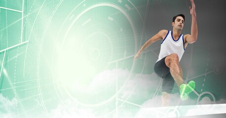 Obraz premium Composition of male athlete hurdle jumping with scope scanning