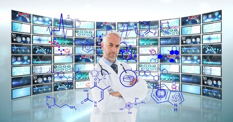 Composition of senior male doctor viewing virtual medical research data interface screens