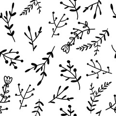 seamless pattern with doodle lines of black silhouettes of flowers and leaves. vector hand drawn illustration. design of cards, t-shirts, covers, fabrics.