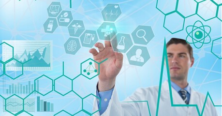 Composition of male doctor using virtual medical research data interface screen