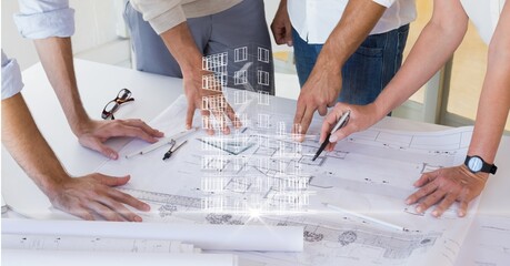 Composition of team of architects looking at blueprint and 3d architectural digital interface screen