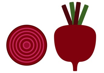Beet with tops and beet slices. . Delicious food. Vector graphics on a white background.